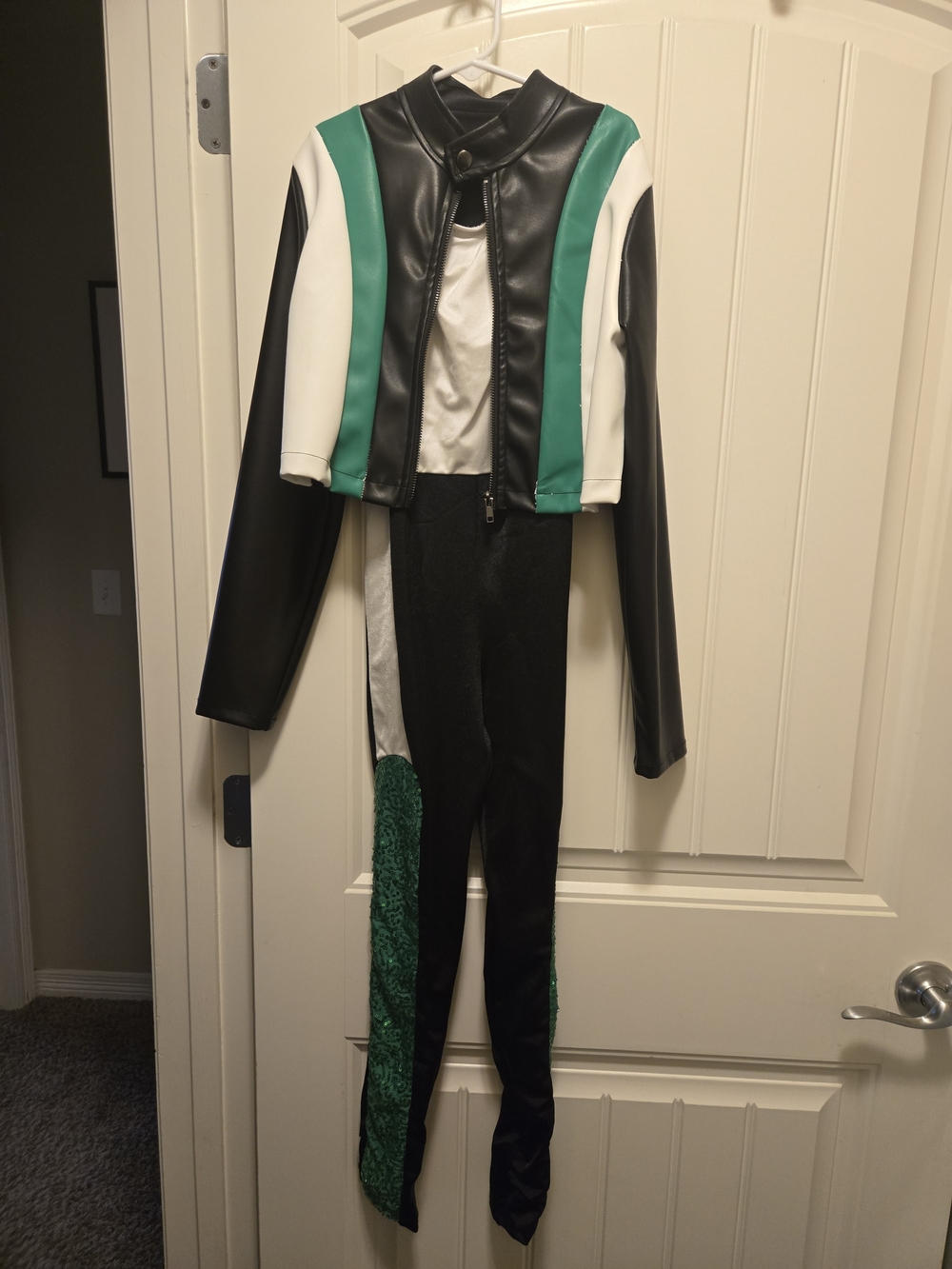 Weissman Black, White & Green Cropped Faux Leather Bomber